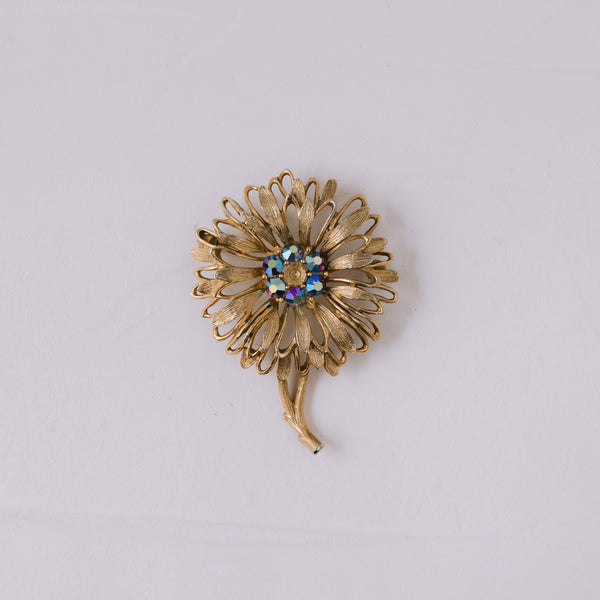 Lisner Vintage Brosche 60x40 mm | Goldene Blume mit Aurora Borealis Strass