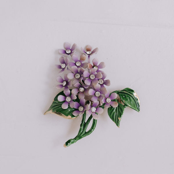 Vintage Blumen-Brosche 80x67 mm | Lavendel-Lila Blüten mit Strass & Emaille