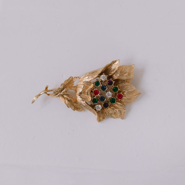 Vintage Blumen-Brosche 72x40 mm | Vergoldet mit bunten Strass-Steinen