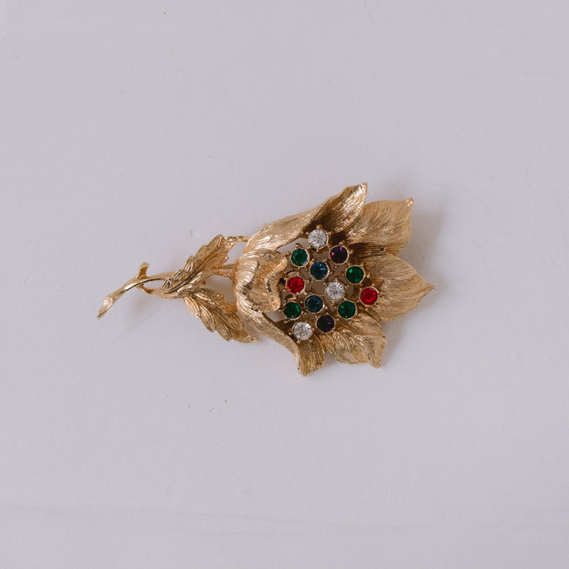 Vintage Blumen-Brosche 72x40 mm | Vergoldet mit bunten Strass-Steinen