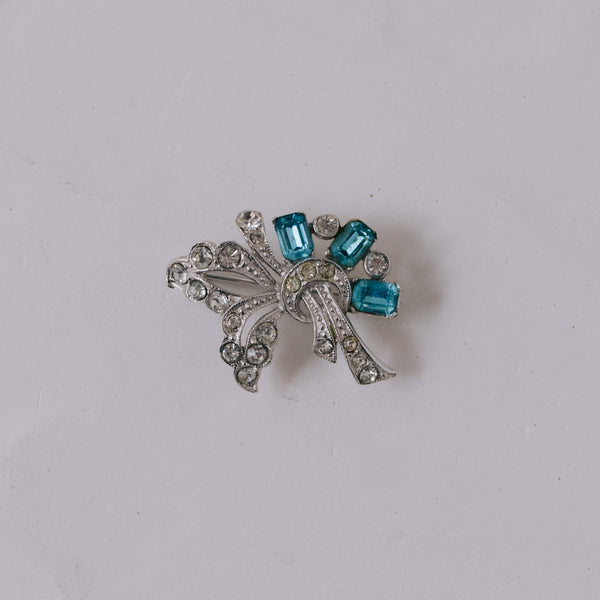 Vintage Brosche 35x28 mm | Hellblaue & Kristall-Strasssteine