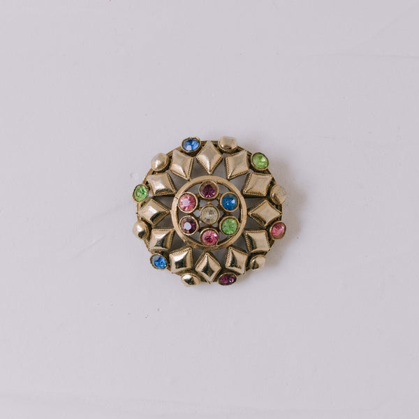 Vintage Brosche 42 mm | Multi-Color Strass Dome Brooch aus Messing
