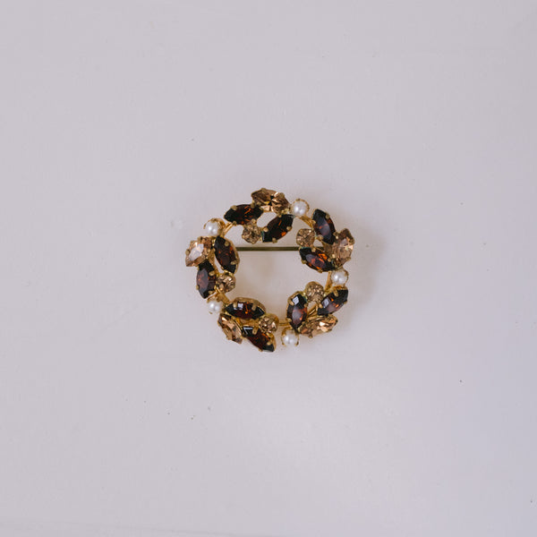 Vintage Brosche vergoldet mit Strass in Gold & Braun und Wachsperlen