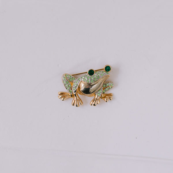 Vintage Frosch-Brosche 40x27 mm | Vergoldet mit grünen Strass-Steinen