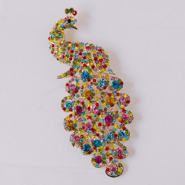 Vintage Pfauen-Brosche 118 mm | Multicolor Strass, vergoldet