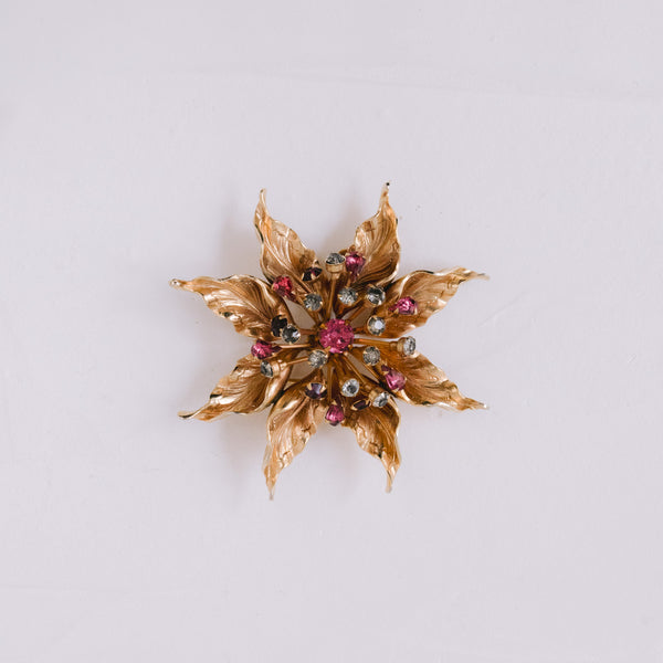 Vintage Retro Blumen-Brosche 65 mm | Vergoldet mit Strass in Pink & Grau – Unikat