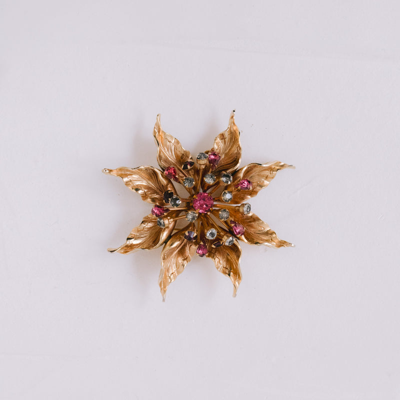 Vintage Retro Blumen-Brosche 65 mm | Vergoldet mit Strass in Pink & Grau – Unikat
