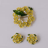 Vintage Schmuckset 1950er | Emaille Gänseblümchen-Brosche & Ohrringe mit Strass