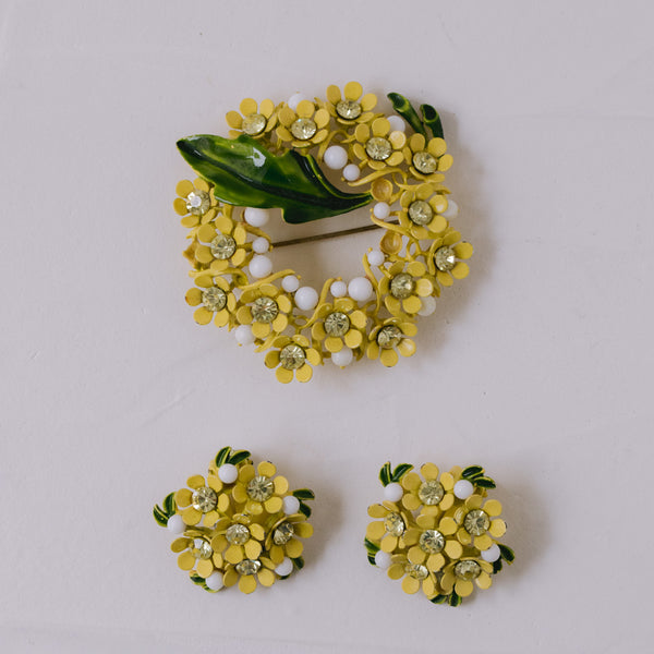 Vintage Schmuckset 1950er | Emaille Gänseblümchen-Brosche & Ohrringe mit Strass