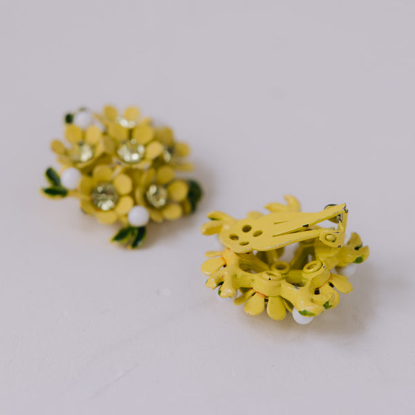Vintage Schmuckset 1950er | Emaille Gänseblümchen-Brosche & Ohrringe mit Strass