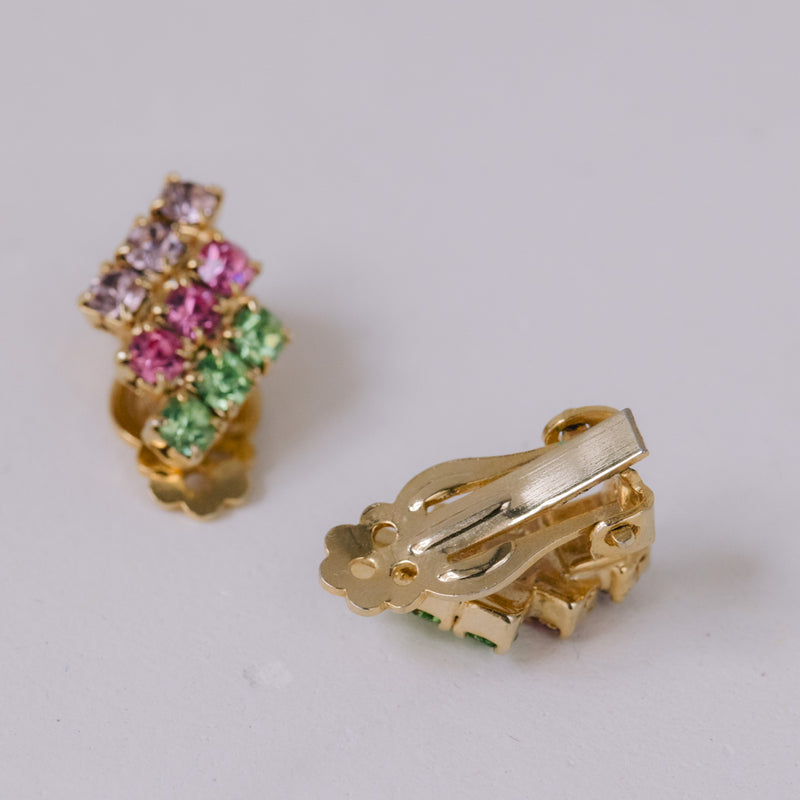 Vintage Schmuckset | Brosche & Ohrringe mit Strass in Pink, Lila & Grün – vergoldet