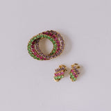 Vintage Schmuckset | Brosche & Ohrringe mit Strass in Pink, Lila & Grün – vergoldet