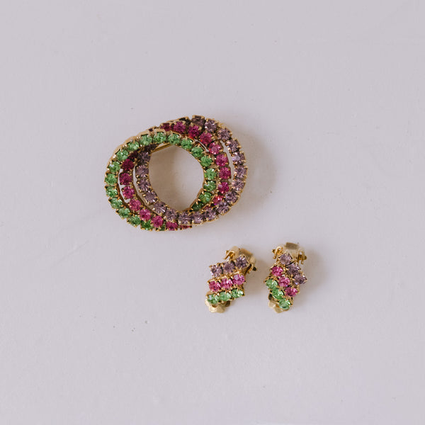 Vintage Schmuckset | Brosche & Ohrringe mit Strass in Pink, Lila & Grün – vergoldet