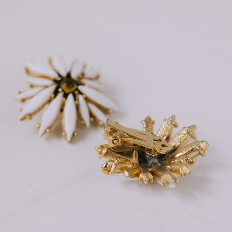 Vintage Schmuck-Set | Weiße Strass-Brosche & Ohrringe vergoldet